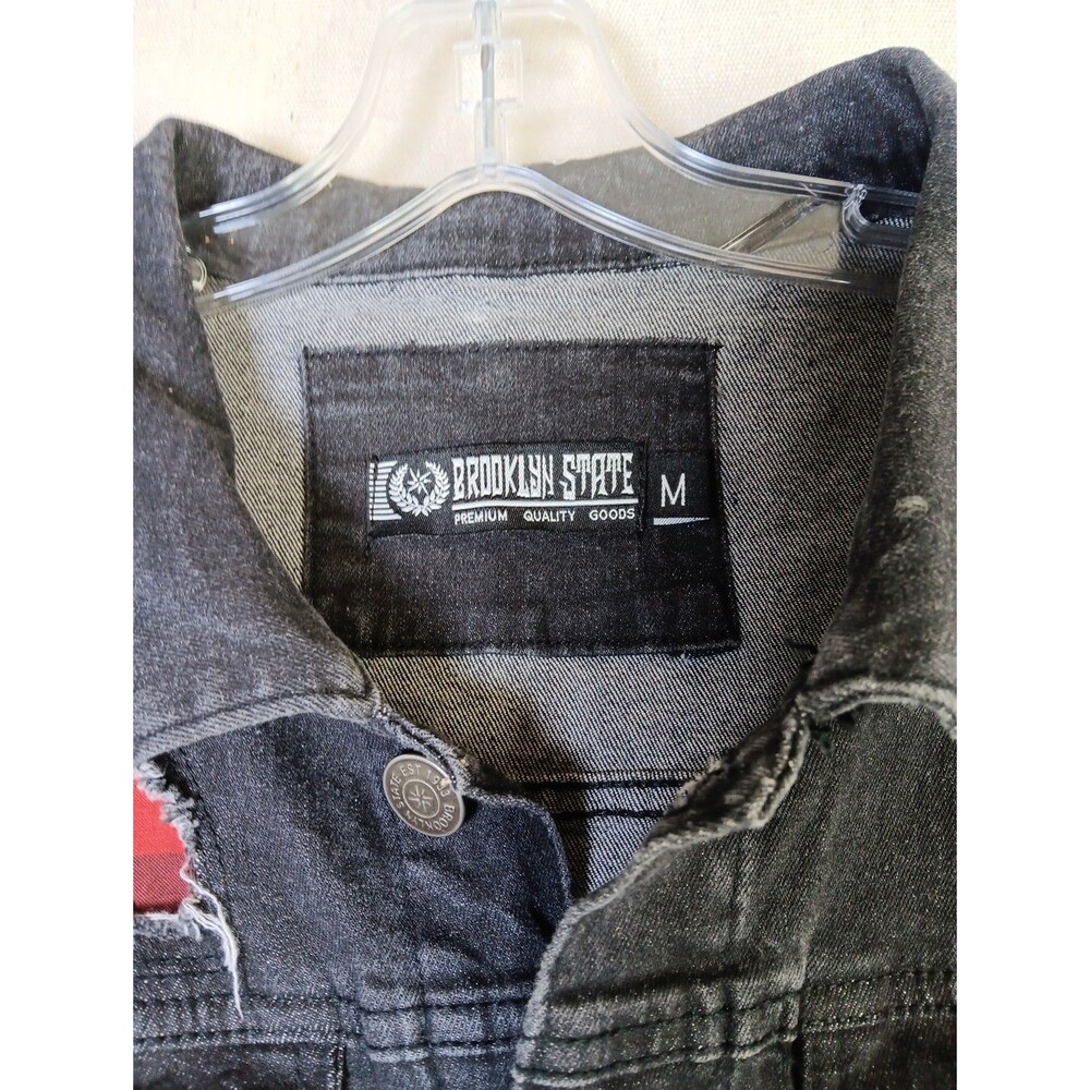 Brooklyn State Distressed Denim Trucker Jacket Black Medium Ripped Painted EUC - Picture 3 of 9